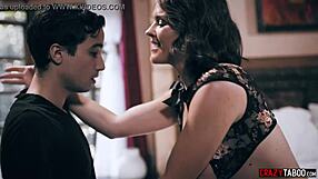 mature milf spots peeping teen boy while cheating on clueless husband then licks his young cock in lingerie