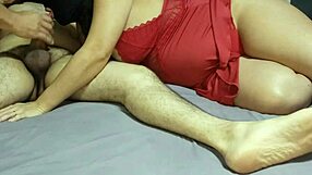 my chubby bisexual cuckold hubby jerked off watching me stroke my plump lover's cock in lingerie mmf threesome