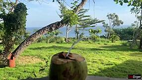 Security guard catches skinny brunette teen naughty in garden and fucks POV! Bent over cowgirl creampie outdoor sea view quickie