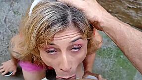 back alley carnival slut kneels as brazilian lover unloads piss then cum facial