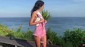 Security guard catches skinny brunette teen naughty in garden and fucks POV! Bent over cowgirl creampie outdoor sea view quickie