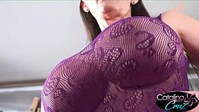 catalina cruz looks so submissive oiling her huge shaved milf tits and pussy before masturbating in heels