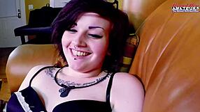 how does inked busty coed marcie swallow cum after deepthroat pussy slam?