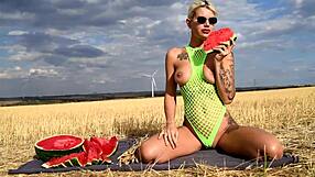 Hot blonde's juicy tits bounce during outdoor deepthroat cumswap blowjob