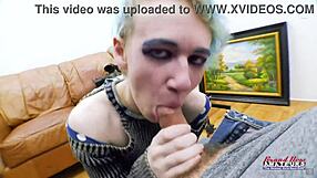 nerdy blue-haired raven masturbates then swallows big cock cum