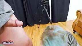 nerdy blue-haired raven masturbates then swallows big cock cum