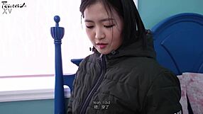 Pretty Korean girlfriend in black stockings role-plays as your busty cute friend