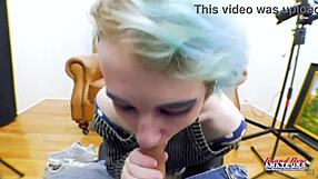 nerdy blue-haired raven masturbates then swallows big cock cum