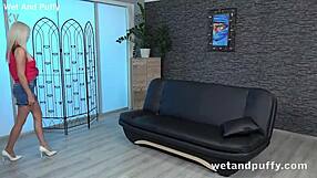 bleach blonde czech petite babe fingers squirts fucks wet trimmed pussy close-up with dildo heels