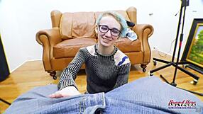 nerdy blue-haired raven masturbates then swallows big cock cum