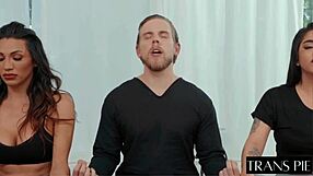 two shemales share a guy in hot threesome action