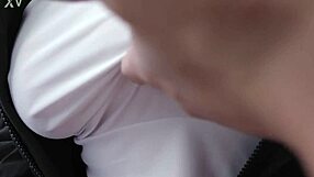 Pretty Korean girlfriend in black stockings role-plays as your busty cute friend