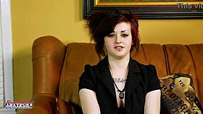 how does inked busty coed marcie swallow cum after deepthroat pussy slam?