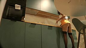 her stockings tease as cute housewife flashes panties under mini skirt