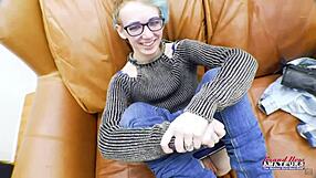 nerdy blue-haired raven masturbates then swallows big cock cum