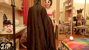 screaming passionately at halloween as sexy girlfriend sucks him off hard