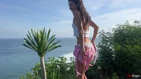 Security guard catches skinny brunette teen naughty in garden and fucks POV! Bent over cowgirl creampie outdoor sea view quickie