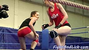 Euro lesbians wrestle fiercely before indulging in backstage oral pleasures with small tits