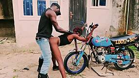 petite biker gangster fucks standing on bike in public garage