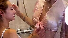 Real amateur pov threesome backstage, lesbian shower leads to cum swap rough riding!