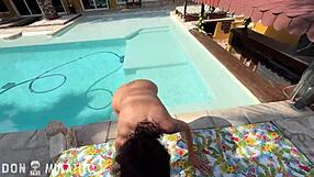 Skinny tattooed mature Spanish milf moans loud getting fucked doggystyle by pool before huge dripping facial finish