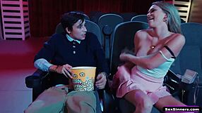 gf gets bored in cinema starts deepthroating bfs monster cock publicly shaved pussy exposed