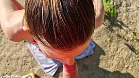 Skinny ponytail brunette neighbor wanted doner kebab but tastes my monster cock outdoors