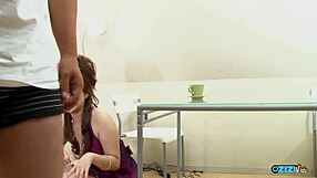 Watch this girl teased by a throbbing dick until she sucks it hard for a massive cumshot load!