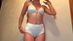 Cute College Blonde Babe Changes Panties in Mirror Teasing Big Tits