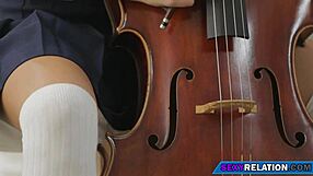 Brunette Teen Practices Blowjob on Perfect Natural Big Tits Erotically