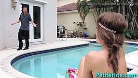 Tiny 18+ teen sunbathes outdoors then fingers pussy and sucks big cock.