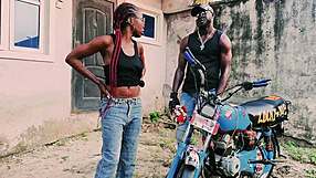 petite biker gangster fucks standing on bike in public garage