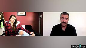 Keisha Grey's counselor makes her rip clothes and pound dildo in her shaved pussy on webcam