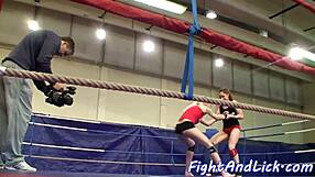 Euro lesbians wrestle fiercely before indulging in backstage oral pleasures with small tits