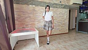 stepsister models tight student uniform skirt flashing petite pussy making him lose control instantly