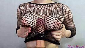 my roommate caught my dick in her fishnets then milked orgasm with perfect tits