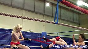 Euro lesbians wrestle fiercely before indulging in backstage oral pleasures with small tits