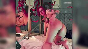 Redheaded hottie in glasses and tattoos uses dildo machine for deep vibrator toy orgasm on toes