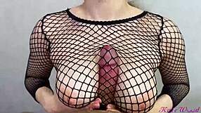 my roommate caught my dick in her fishnets then milked orgasm with perfect tits
