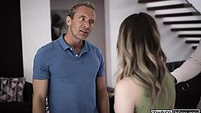 Petite teen's small tits bounce as older boyfriend pounds her tight pussy