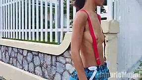 Petite latina flashes hairy tits panties in public microskirt suspenders