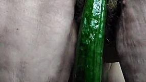 grandma fucks her hairy pussy hard with big cucumber