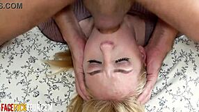 Blonde gags on monster cock thrust, no reflex in her sloppy throat