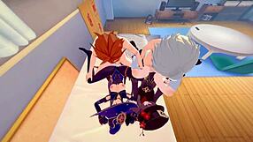 yo check out this wild foursome banging mona and hu tao genshin style cowgirl creampie action!!