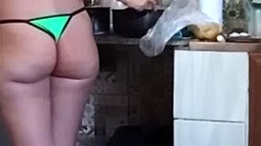 hey skinny wife in lingerie what if lover calls while fucking doggystyle in kitchen?