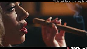 milf smokes cigar while huge tits bounce in horny masturbation blowjob