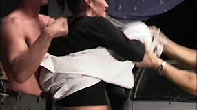 a beautiful euro slut takes double cock in mechanic shop