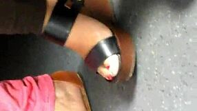 damn those candid mature feet crammed in sexy wedges sandals!