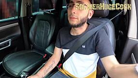 Big ass blonde gives sloppy deepthroat blowjob in car then takes creampie