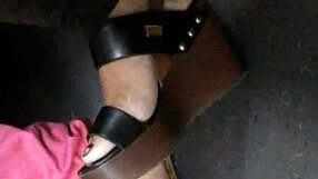 damn those candid mature feet crammed in sexy wedges sandals!
